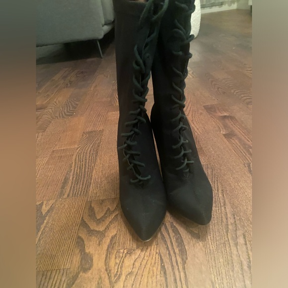 SIMMI London black lycra lace-up pointed stiletto ankle booties size EU37 (US6) - Picture 4 of 7